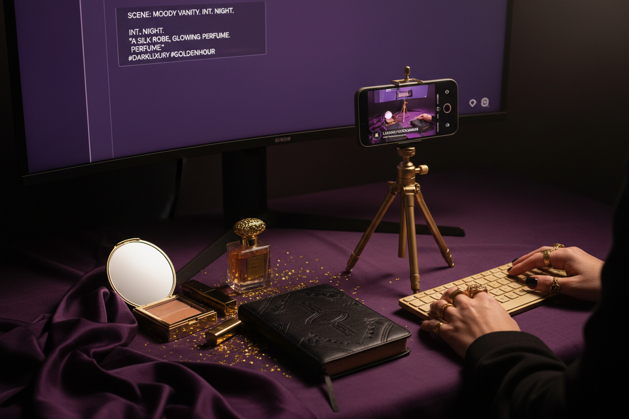 Faceless creator TikTok setup with AI script on screen - dark purple and gold aesthetic
